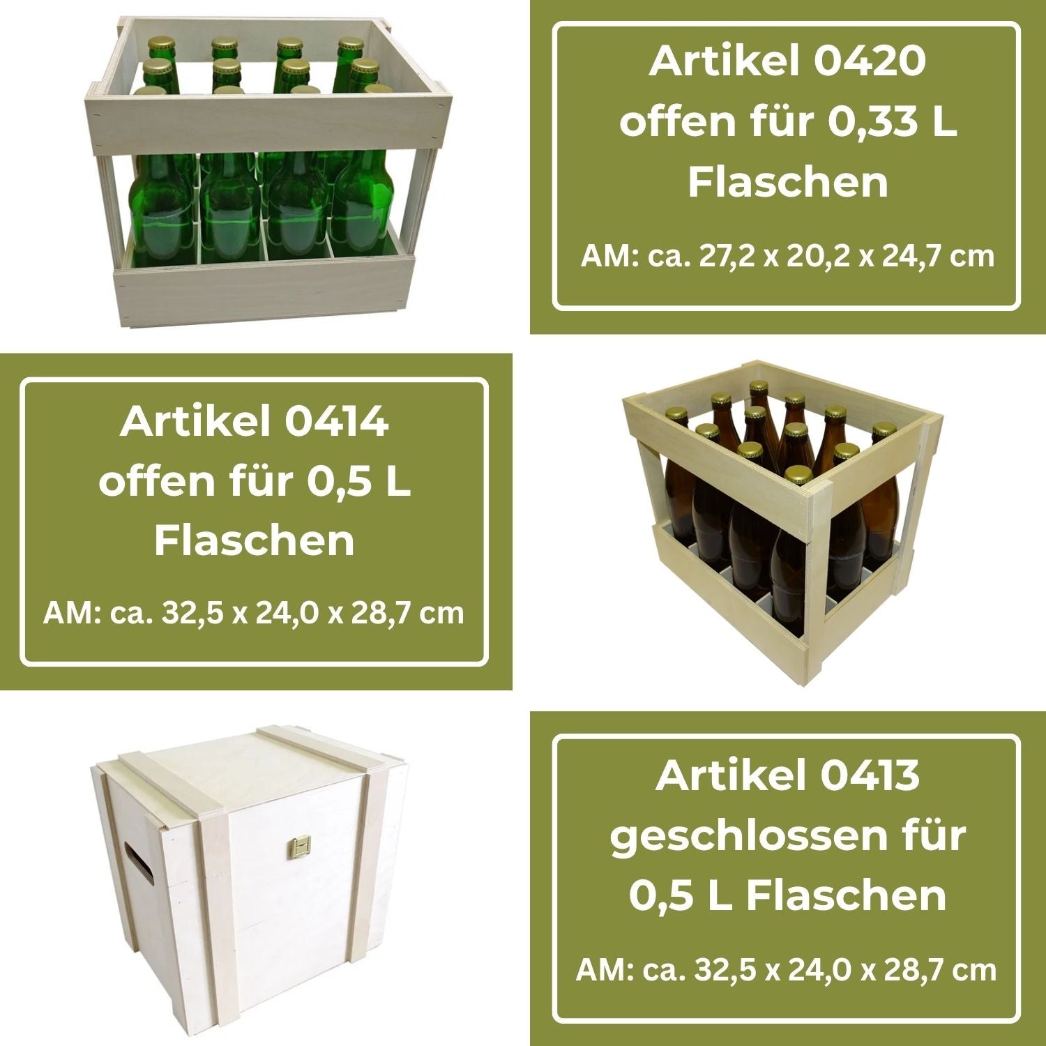 Holzkisten zur Aufnahme von Flaschen unterschiedlicher Größe, sowohl in offener als auch in geschlossener Ausführung.