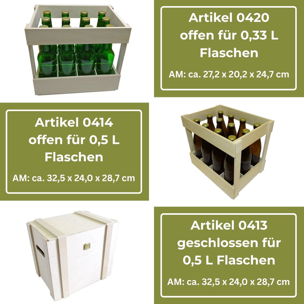 Holzkisten zur Aufnahme von Flaschen unterschiedlicher Größe, sowohl in offener als auch in geschlossener Ausführung.