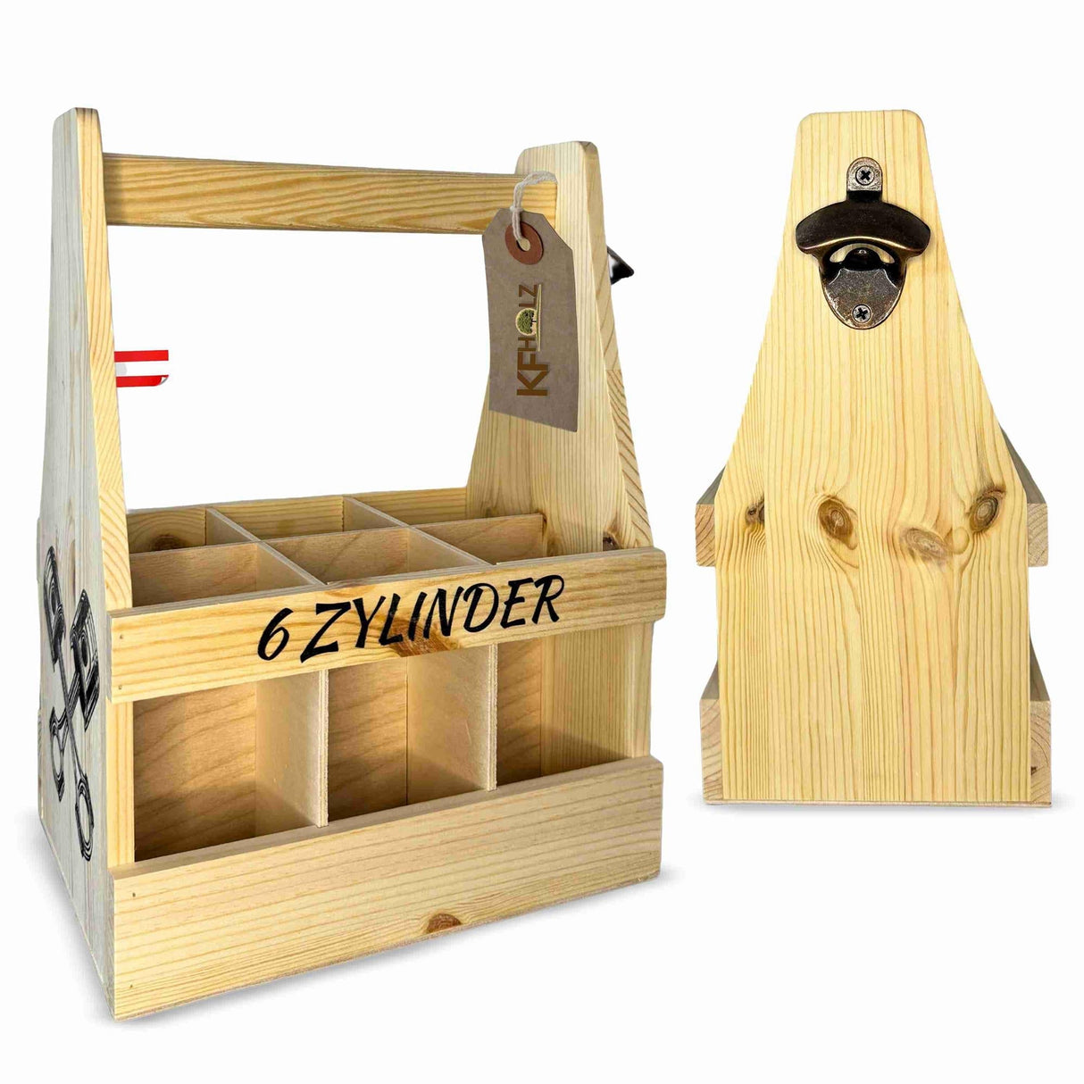 6er Flaschenträger mit Flaschenöffner - Druck 6 Zylinder - Geschenke