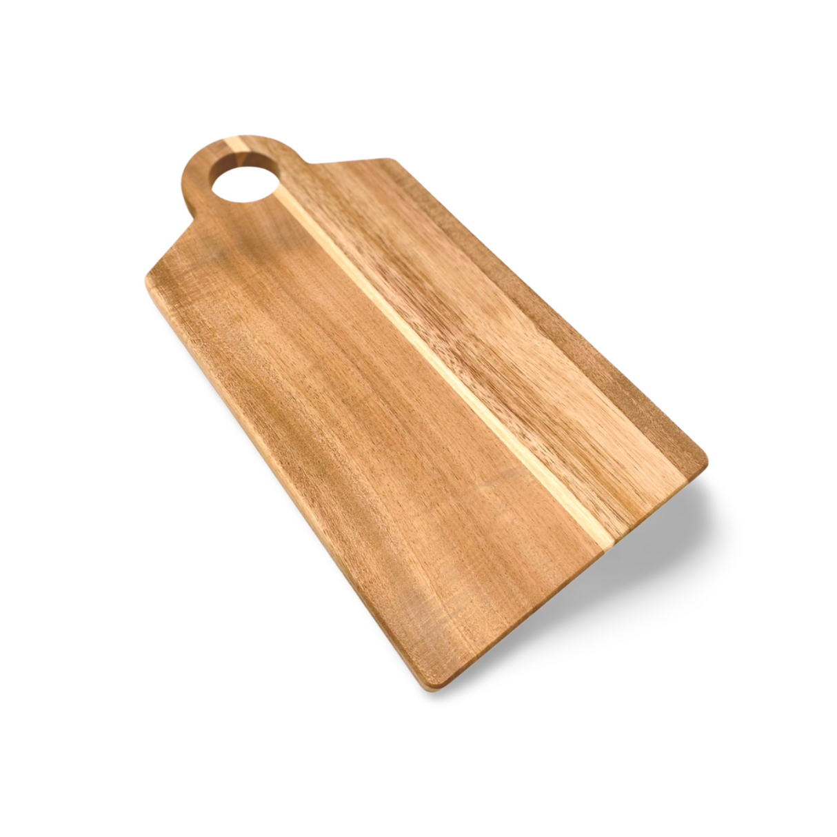 Holzschneidebrett mit Griff und natürlicher Holzmaserung, hellbraune Farbe.