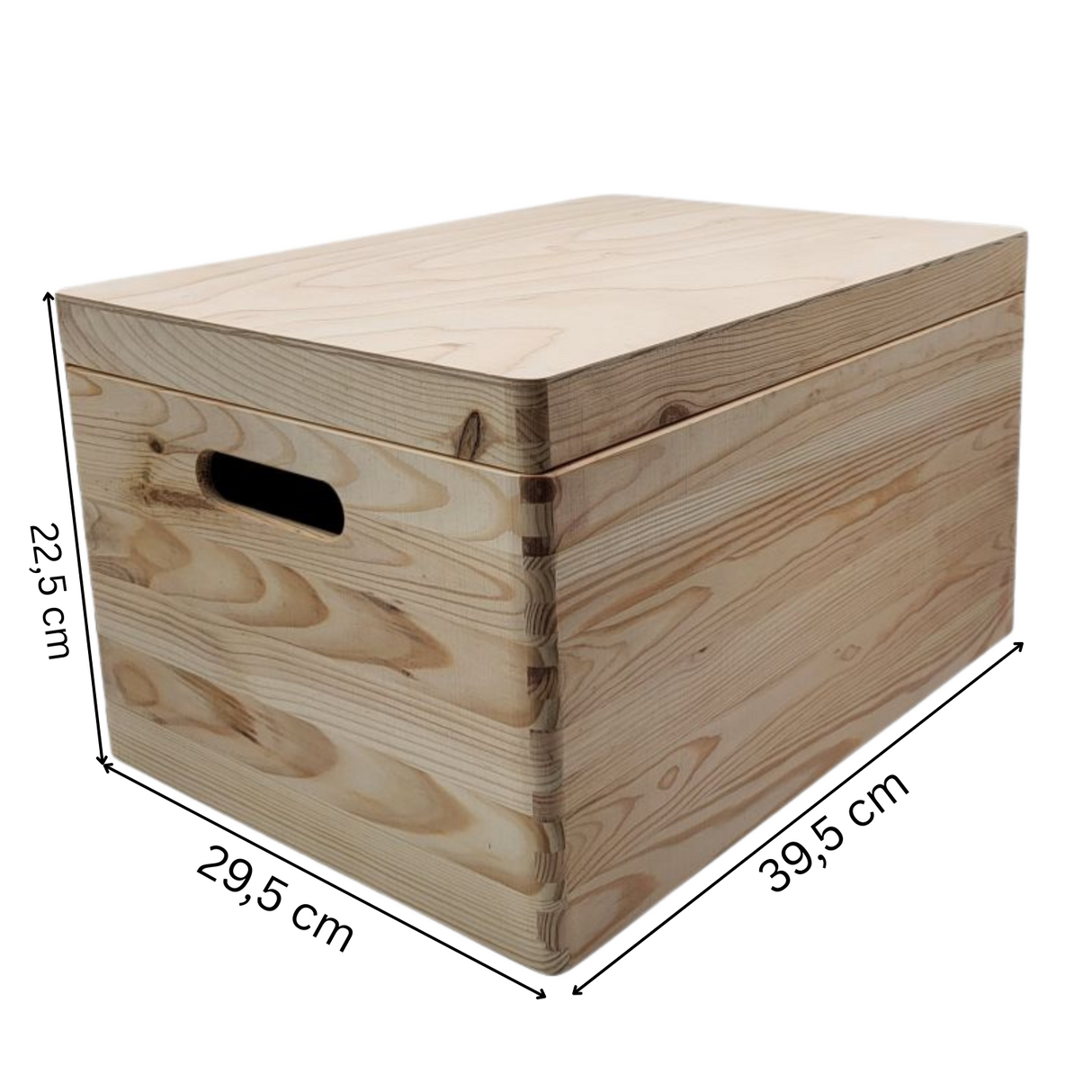 Aufbewahrungsbox aus Holz mit Abmessungen.