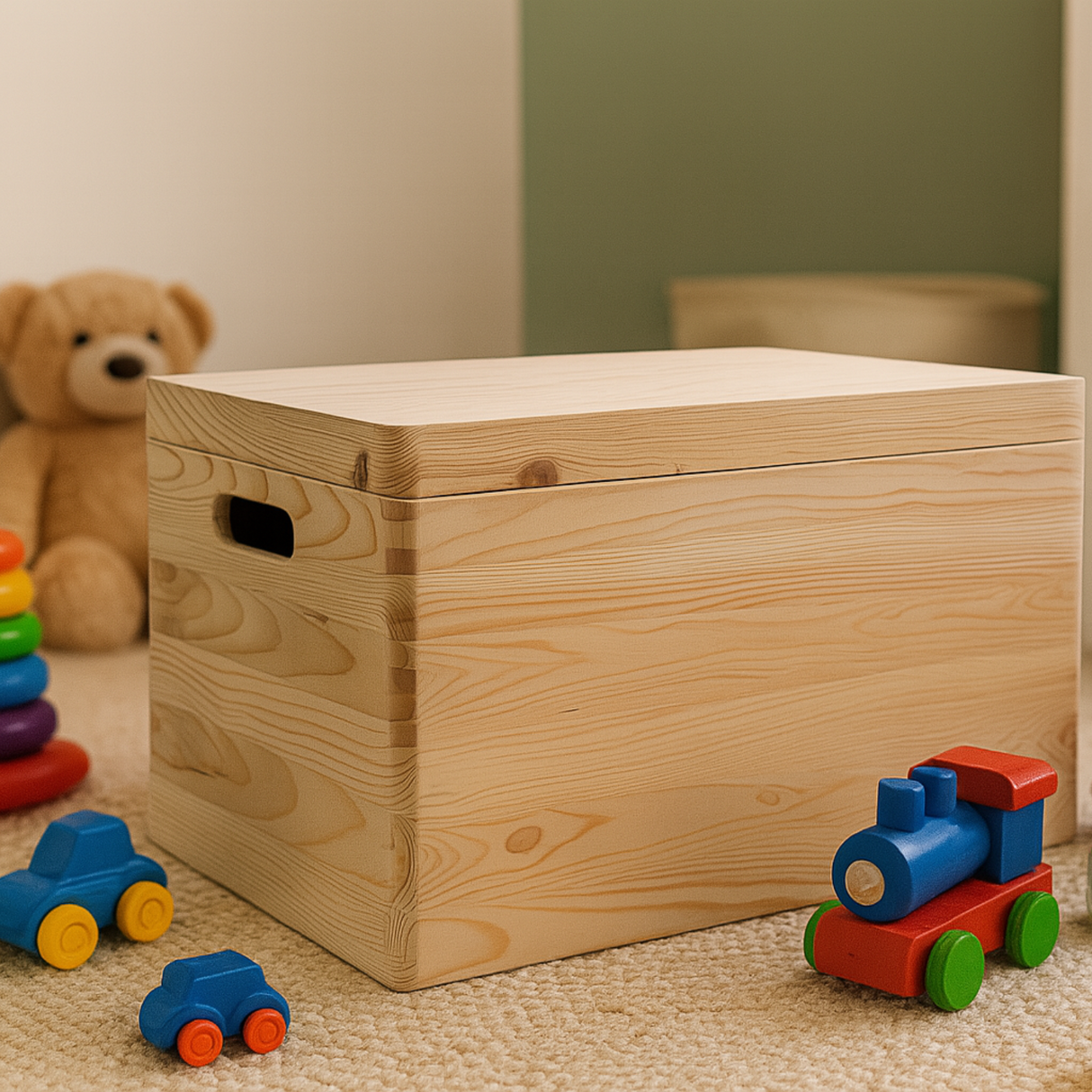 Helle Spielzeugtruhe aus Holz mit einem Deckel und ausgeschnittenen Griffen.