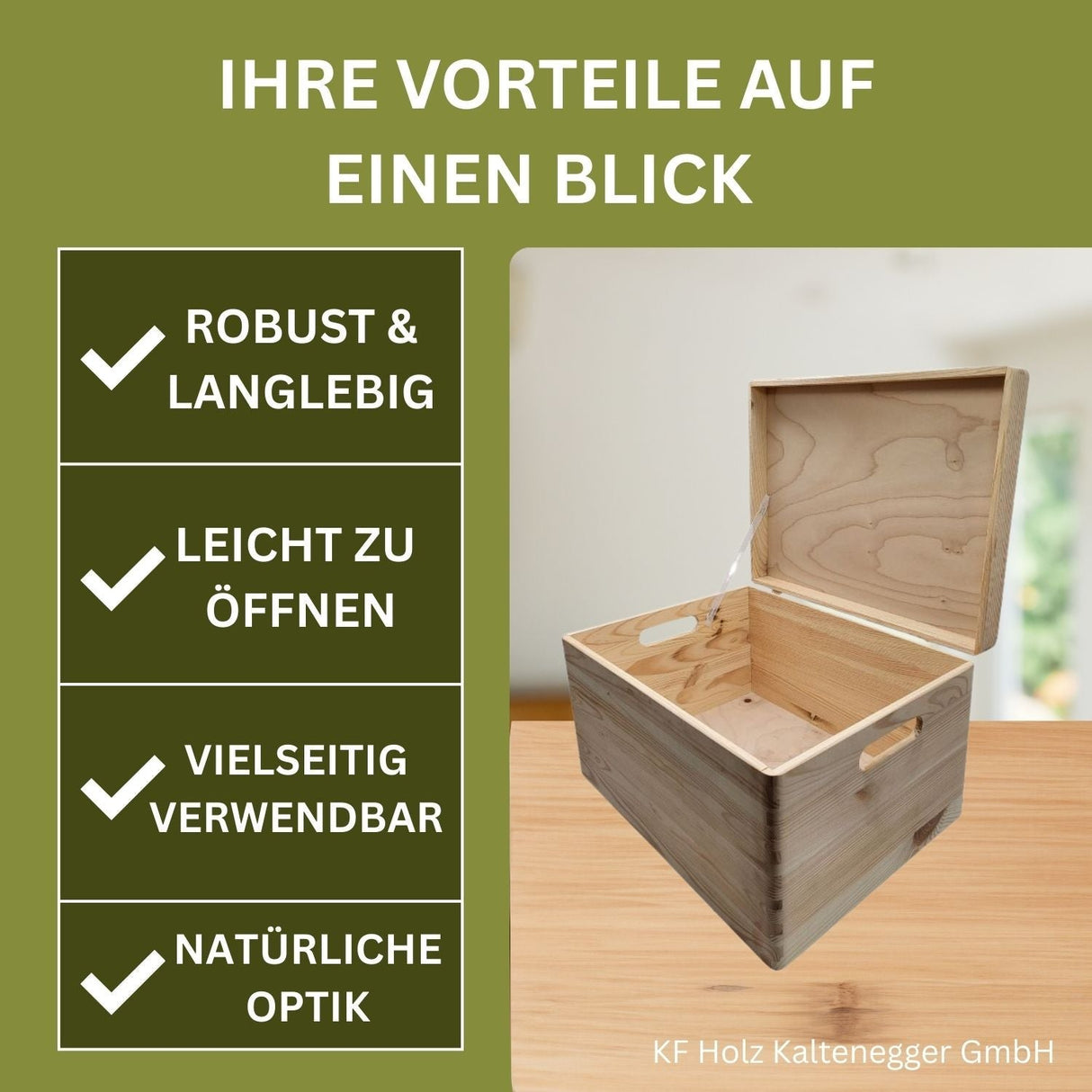 Ein offener, heller Holzkasten mit Griffen.