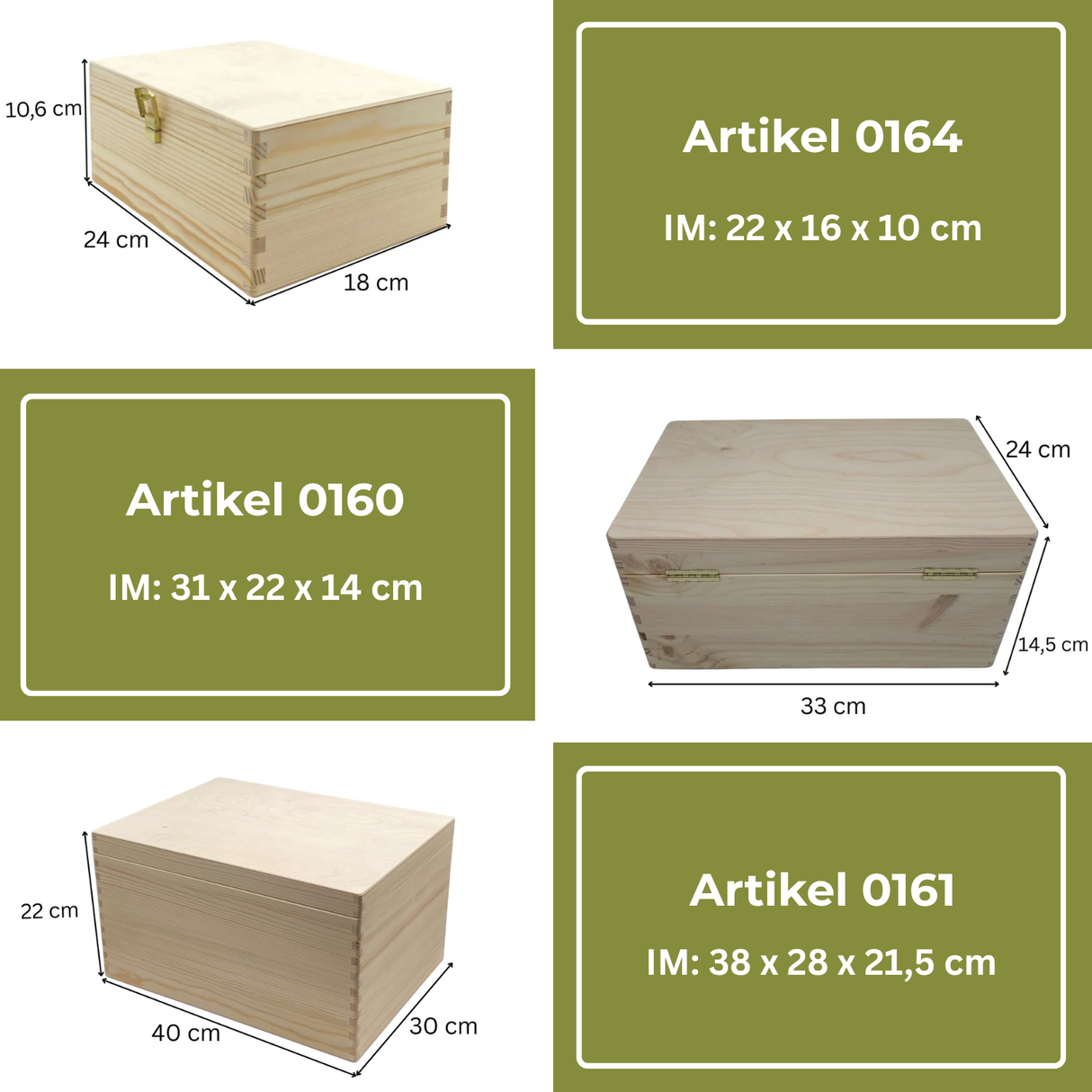 Holz-Aufbewahrungsbox mit natürlicher Oberfläche, Maße 31 x 22 x 14 cm, Modellnummer Artikel 0160.