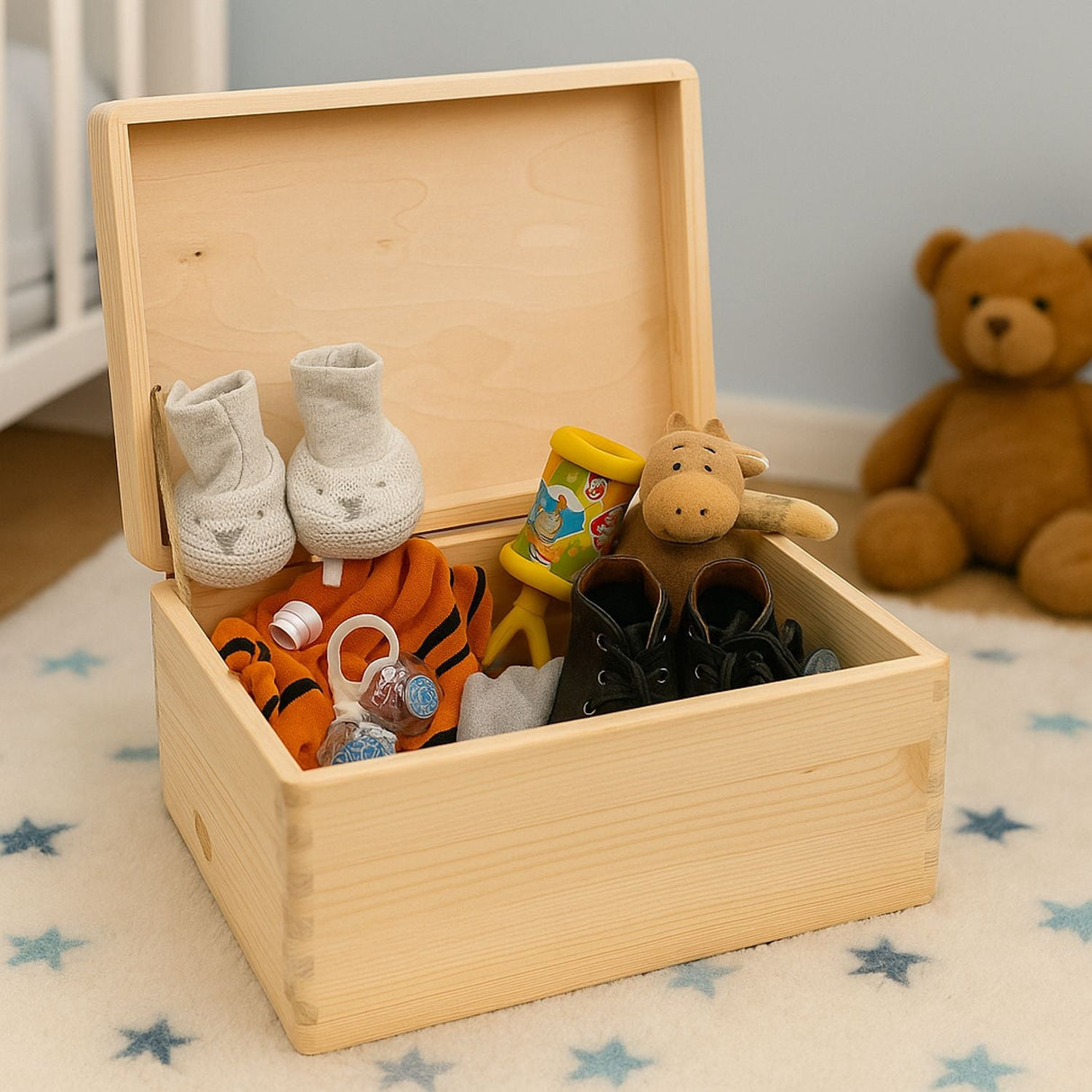 Geöffnete hölzerne Andenkenbox mit Babyartikeln.