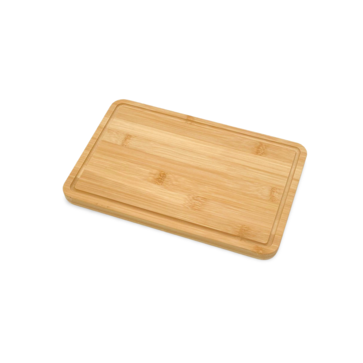 Bambus-Schneidebrett mit Nut für einfache Reinigung, natürliche Holzfarbe und Maserungstextur.