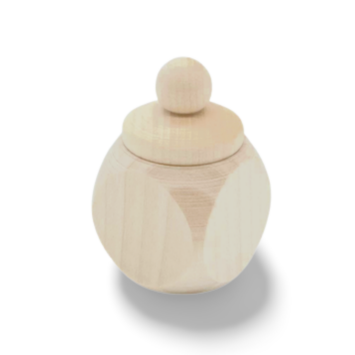Cremeweißer Holztiegel mit kugelförmigem Deckel und dekorativen Rillen.