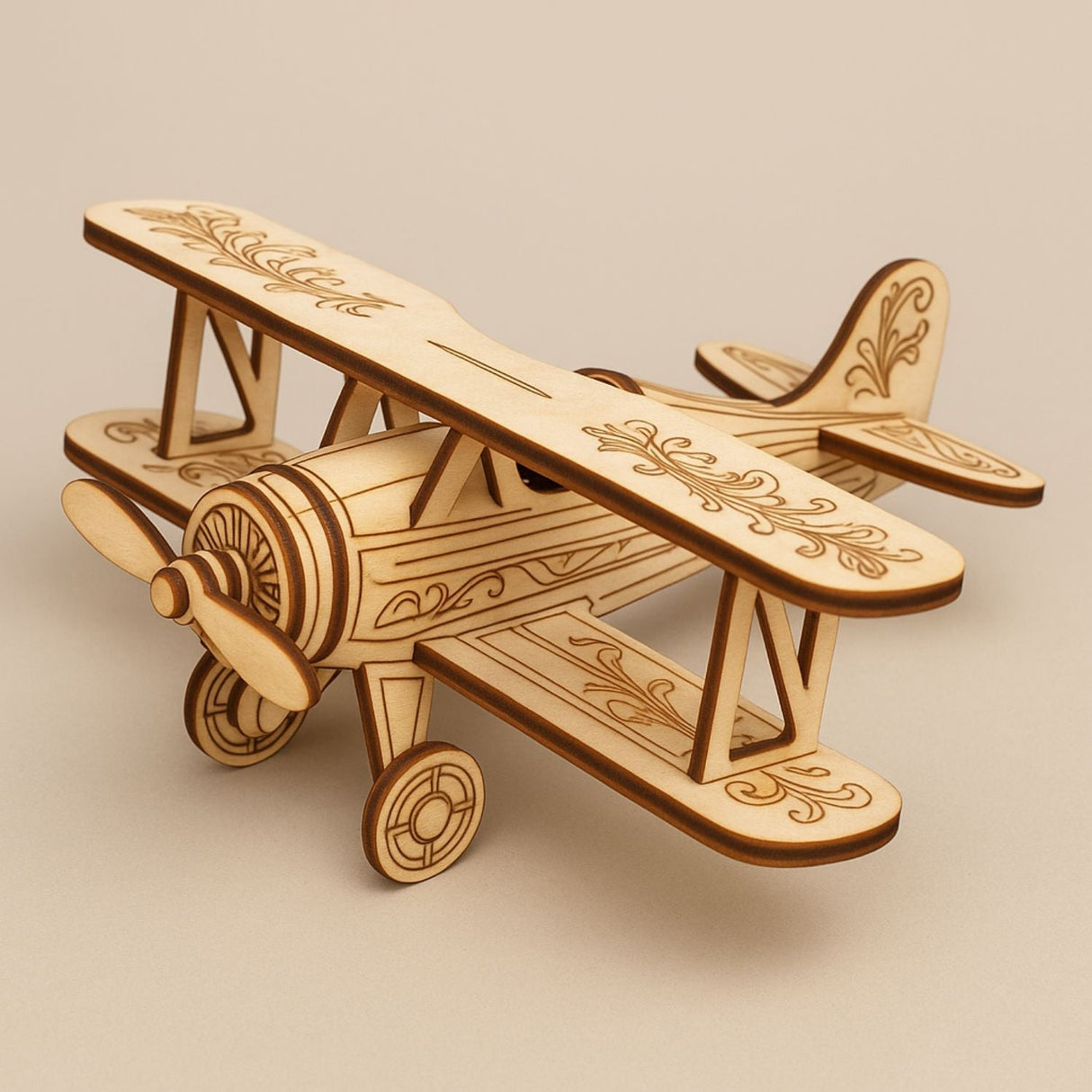 Doppeldecker-Modell aus Holz mit dekorativen Gravuren.