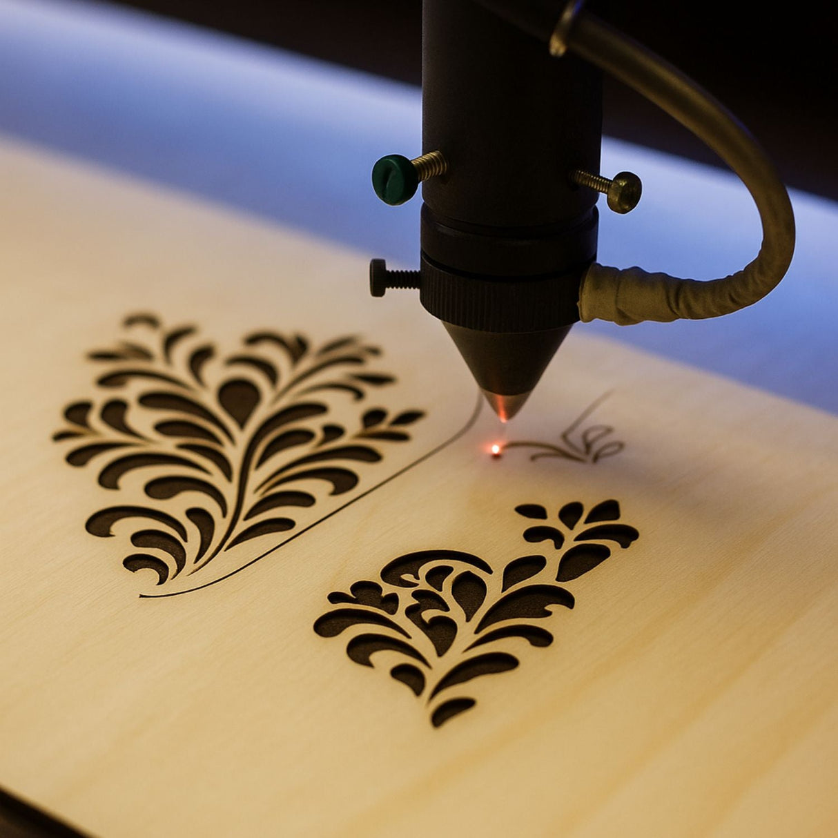 Ein Lasergravierer schneidet komplizierte Motive in ein helles Material.