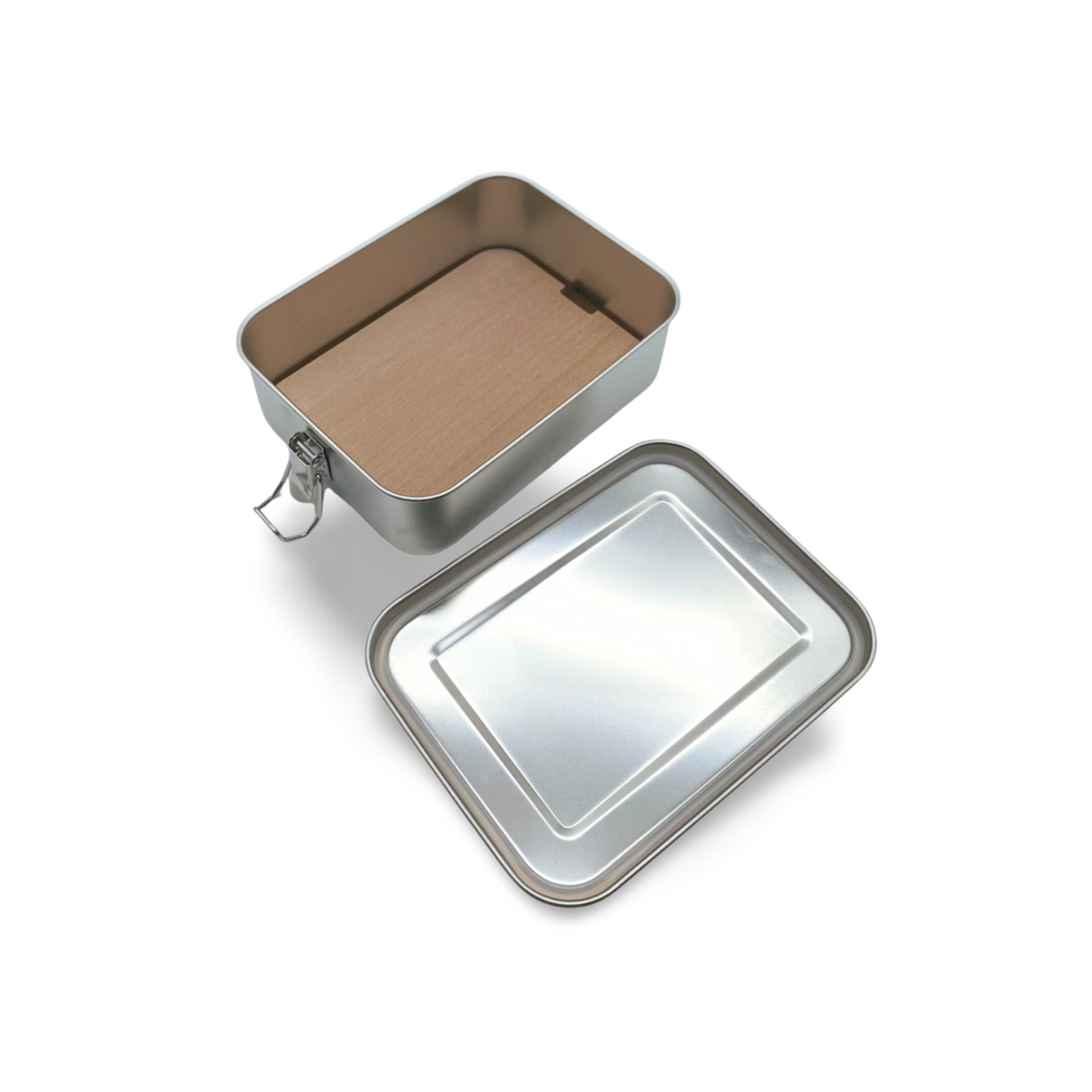 Silbernes rechteckiges Metallbehälter für Lebensmittel mit Klappdeckel und Hakenverschluss.