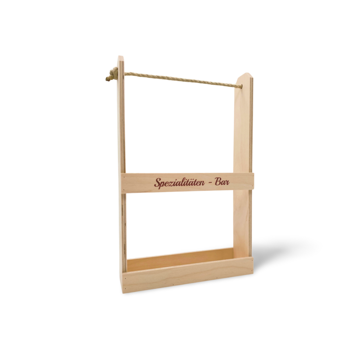 Heller Holzträger mit einem Seilgriff, der für die Aufnahme von Flaschen bestimmt ist.