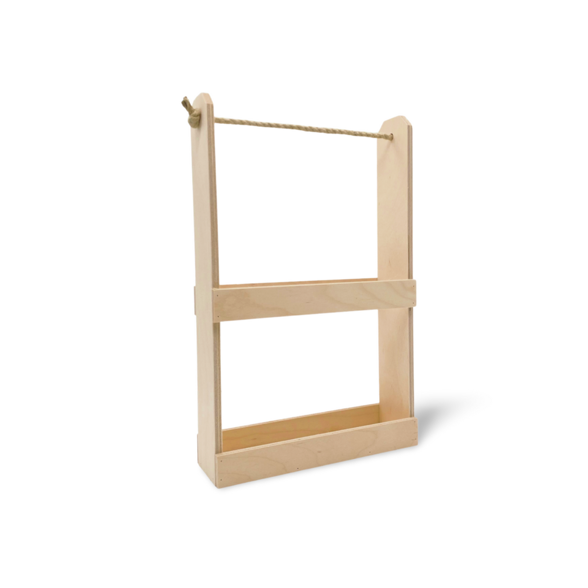 Heller Holzrahmen mit einer Seilstange zum Aufhängen von Gegenständen.