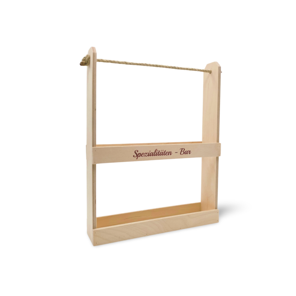 Leichtes Holzregal mit einem Seil zum Aufhängen von Gegenständen.