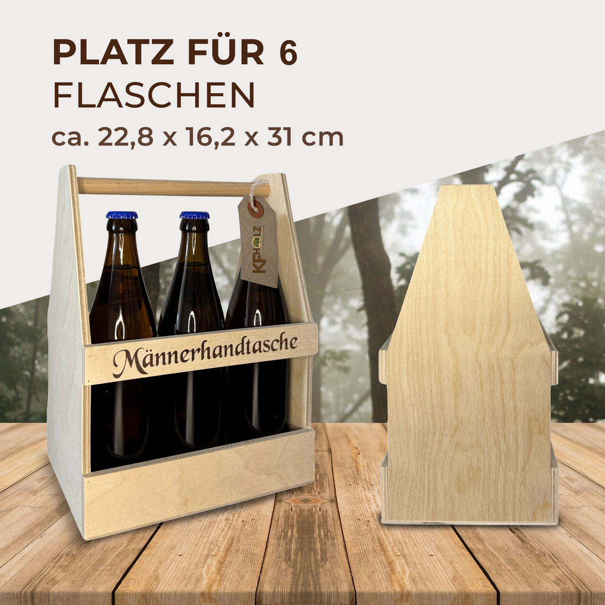 Flaschenträger ’Männerhandtasche’ aus Holz - 6er Variante - Geschenke
