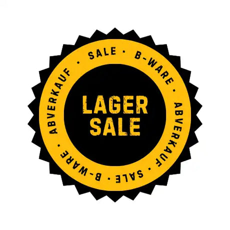 Gelbe und schwarze runde »Lagerverkauf«-Aufkleber mit gezackten Kanten.