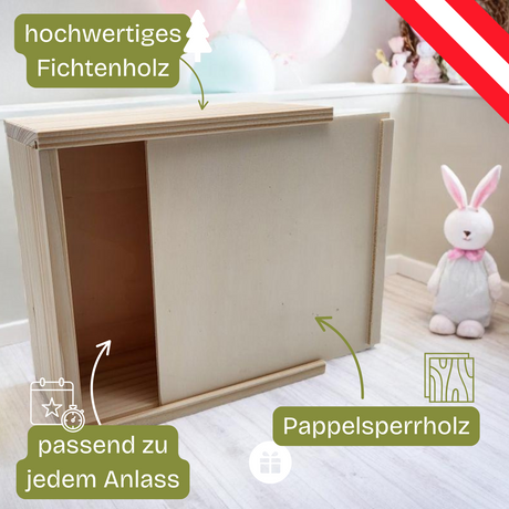 Aufbewahrungsbox aus Holz mit Schiebetür.