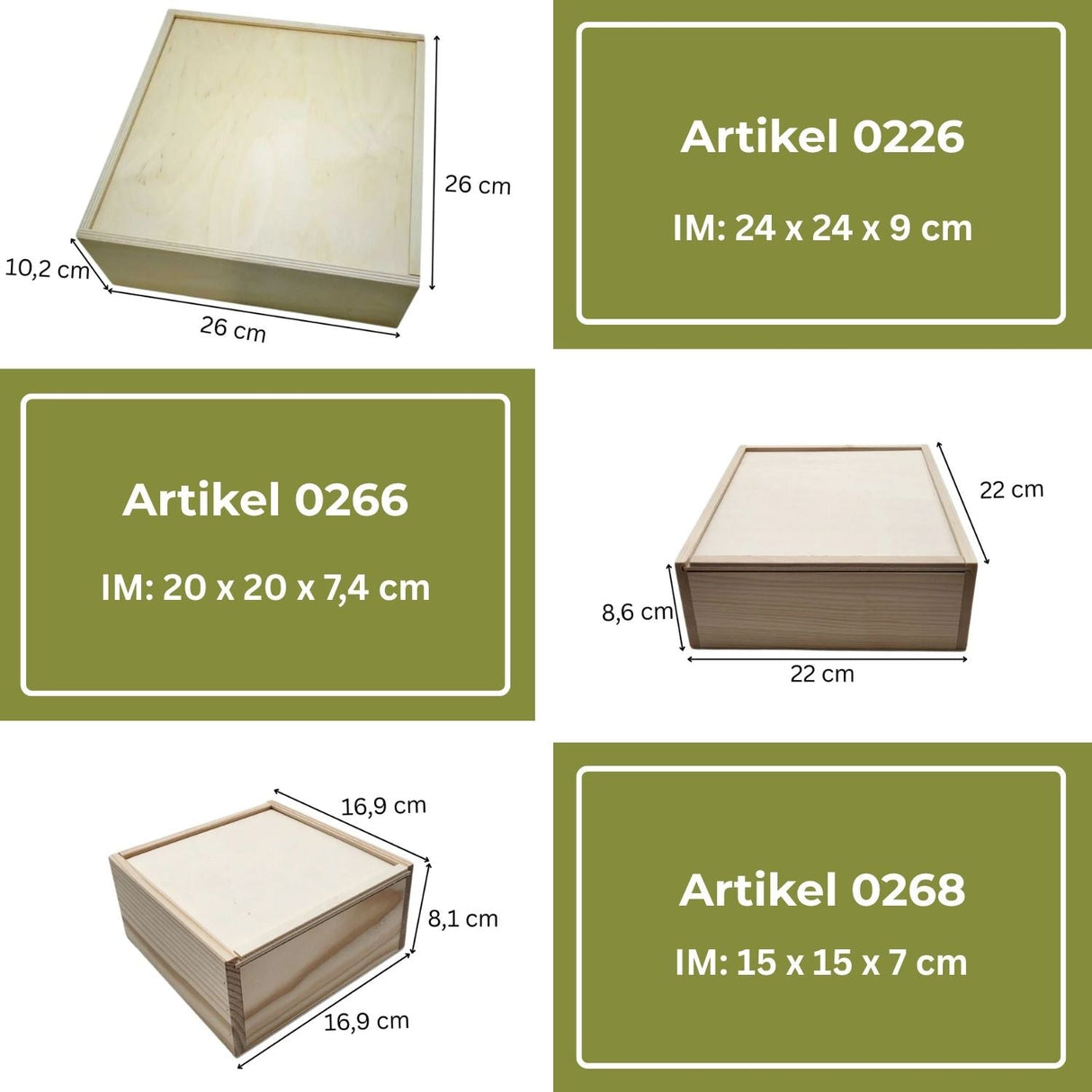 Vier Holzkisten mit ihren Abmessungen.