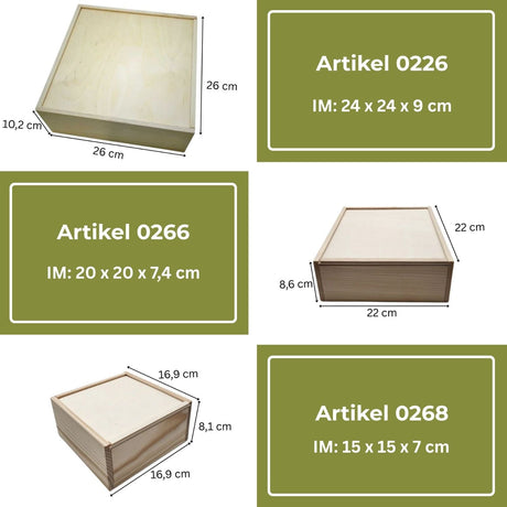 Vier Holzkisten mit ihren Abmessungen.
