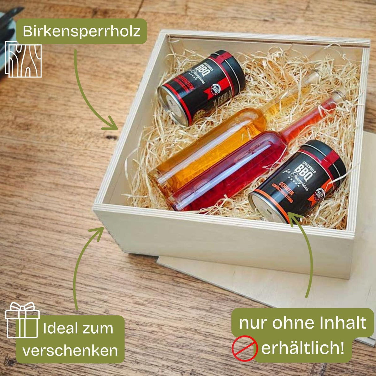 Hölzerne Geschenkbox mit Inhalt.