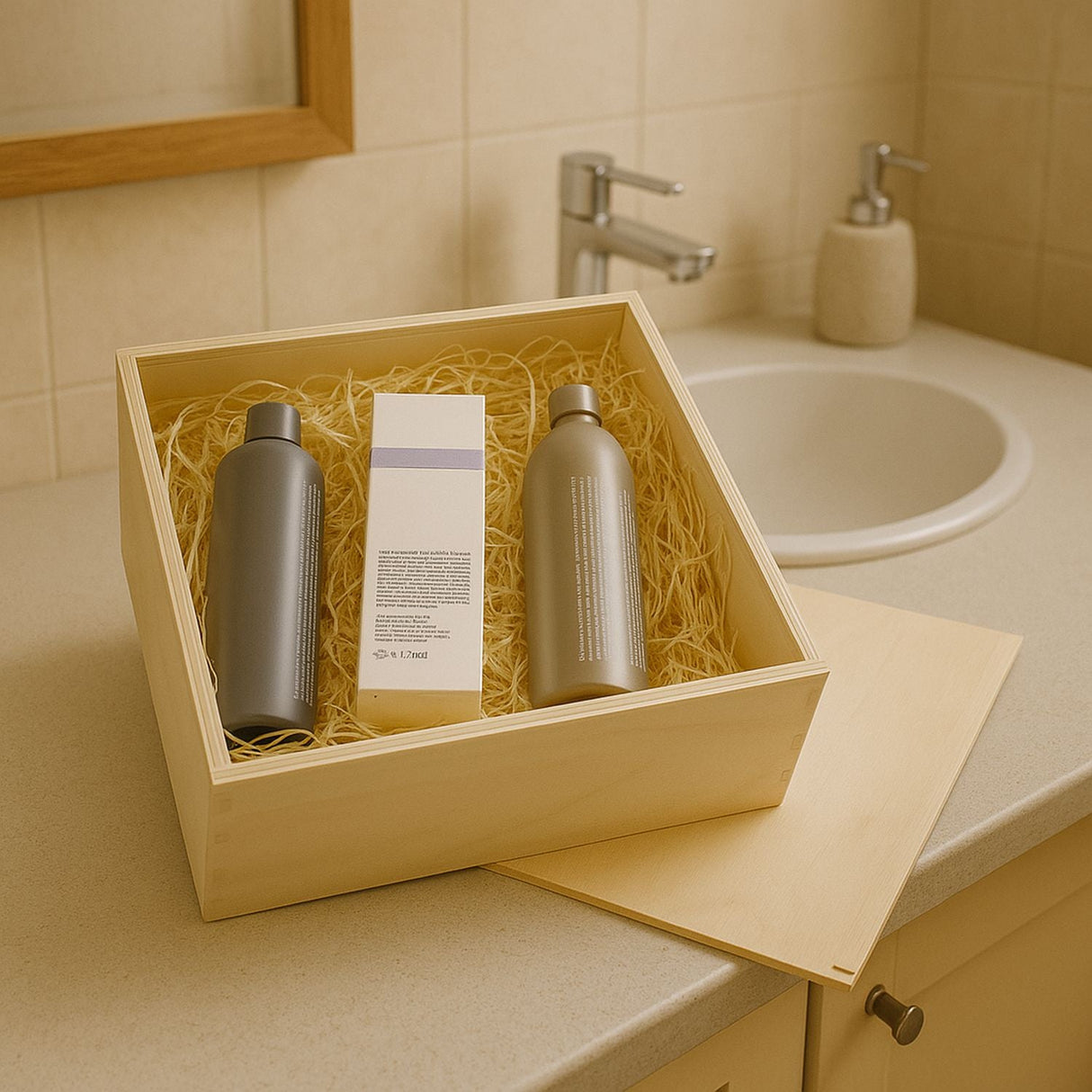 Kosmetisches Geschenkset in einer Holzbox.