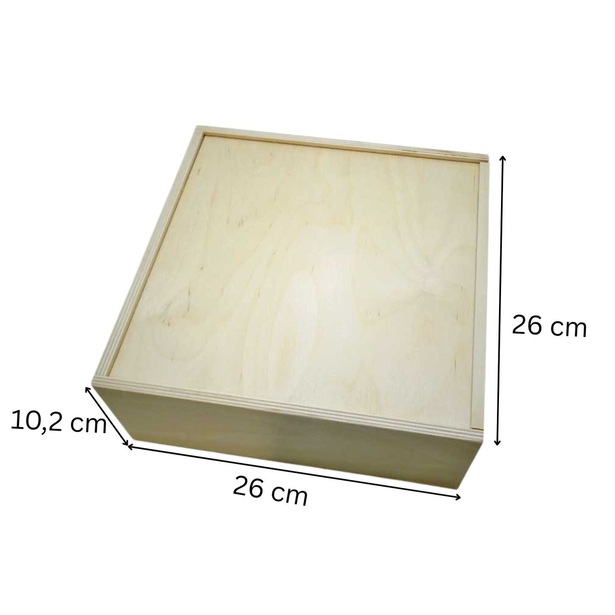 Quadratische Holzkiste mit Abmessungen.