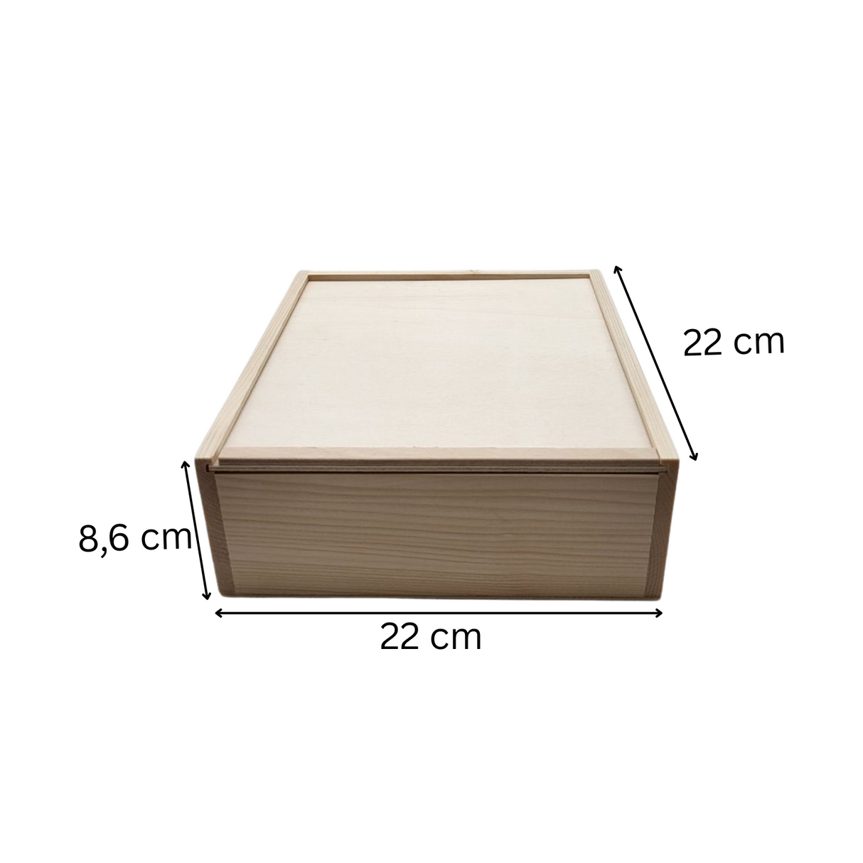 Rechteckige Holzkiste mit Abmessungen.