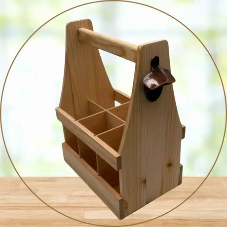 Holzkasten für sechs Bier mit integriertem Flaschenöffner.
