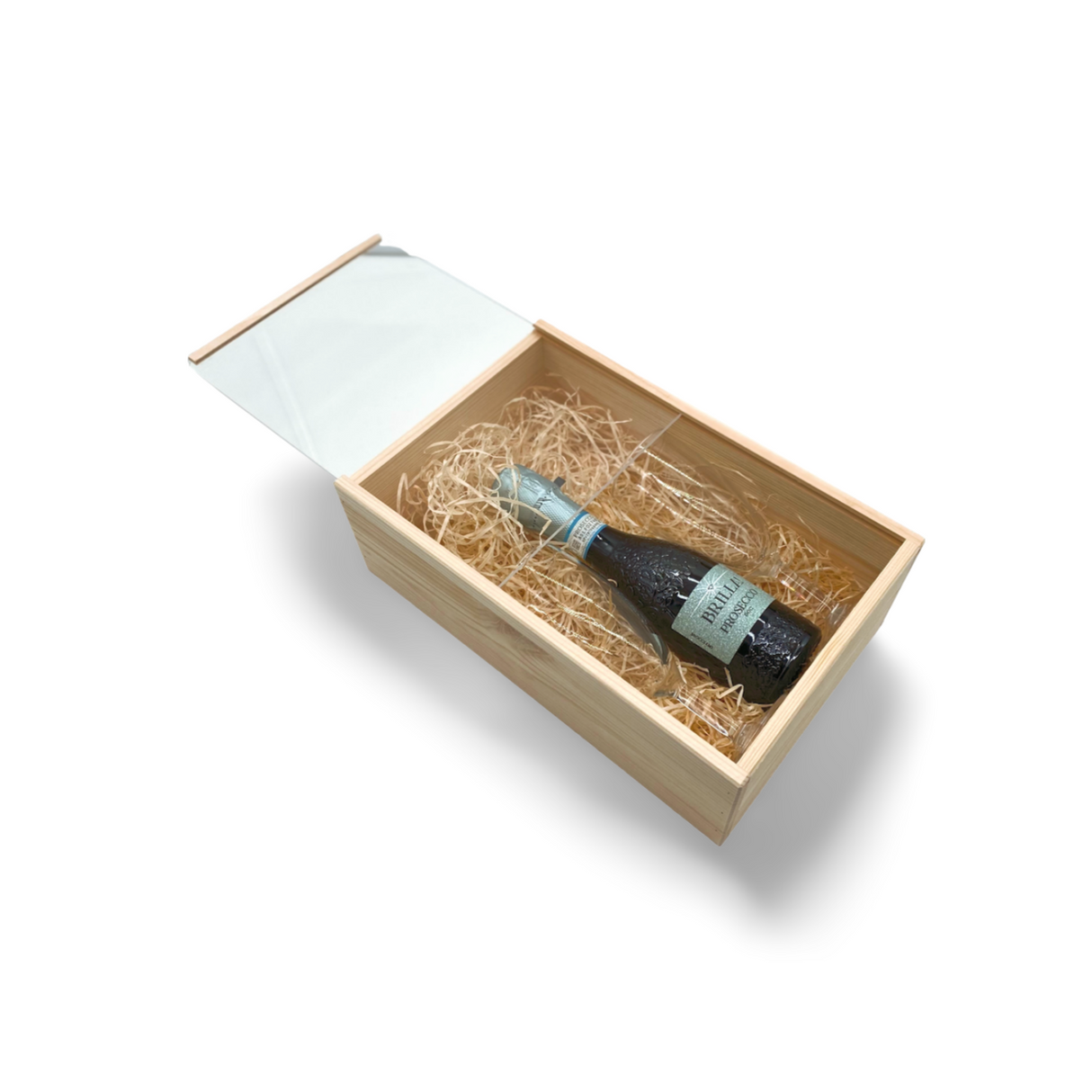 Weinflasche in einer Holzkiste mit Strohhalm.
