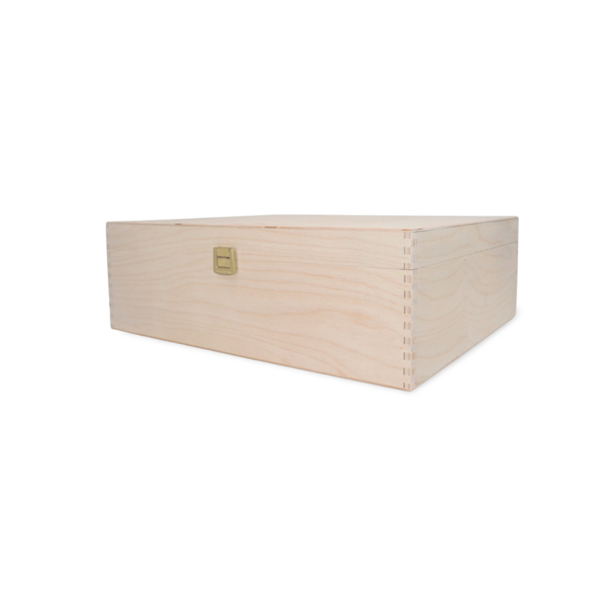 Rechteckige Holzkiste mit Metallverschluss.