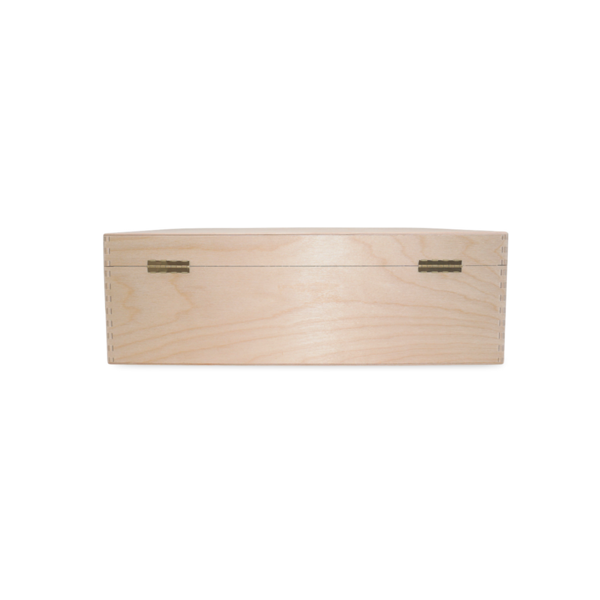 Rechteckige Holzkiste mit Scharnierdeckel.