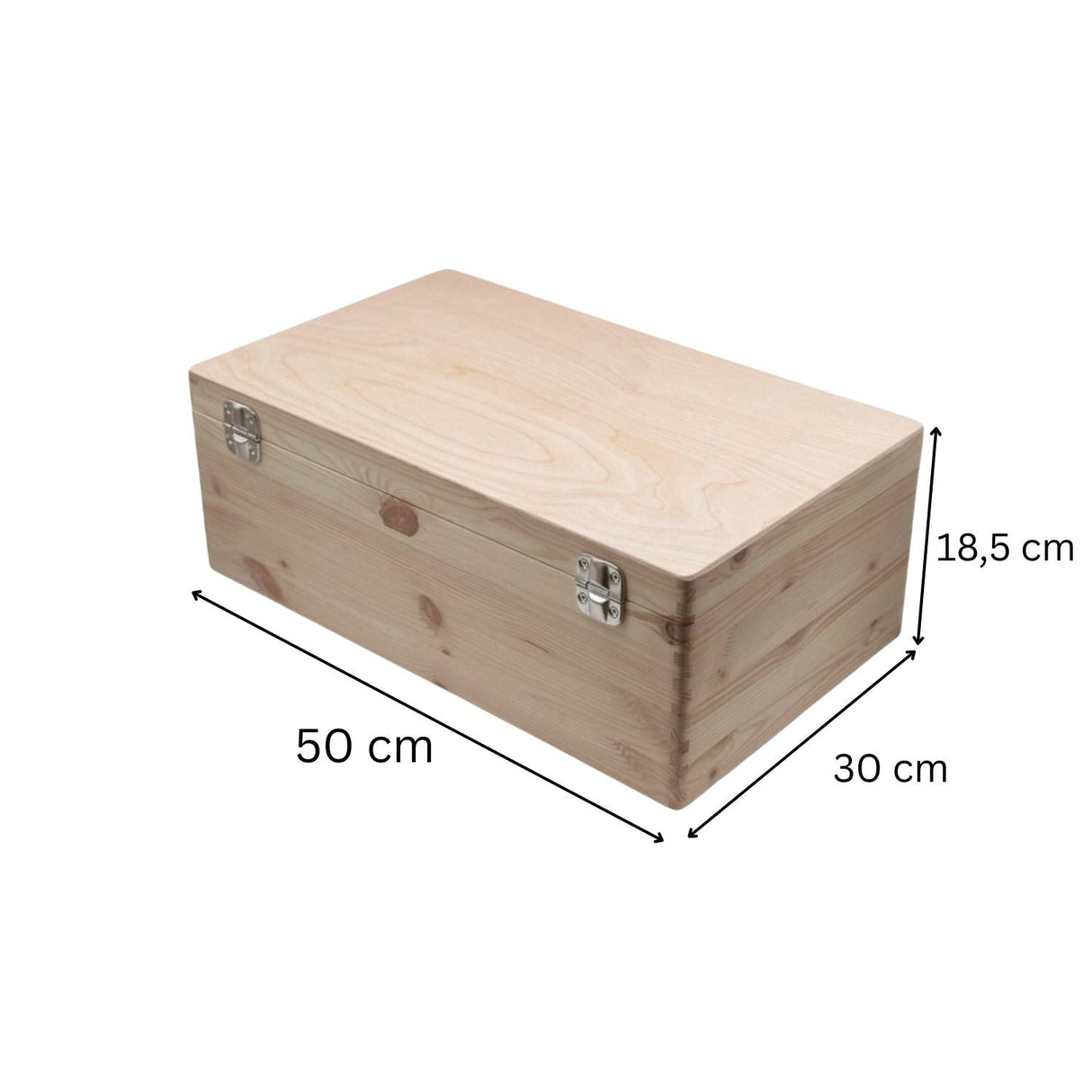 Rechteckige Holzkiste mit Metallverschlüssen.