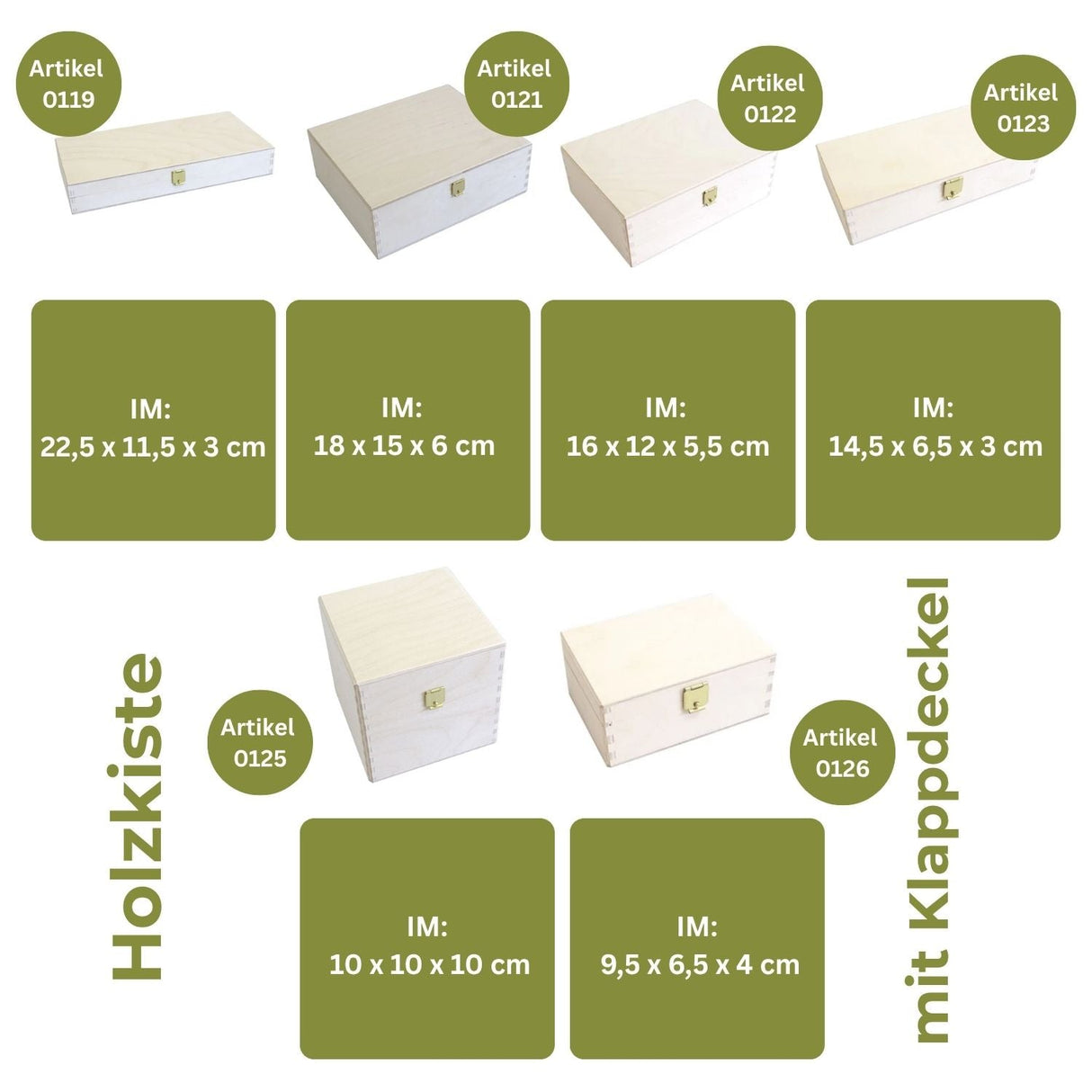 Sechs verschiedene Holzkisten mit aufklappbaren Deckeln.