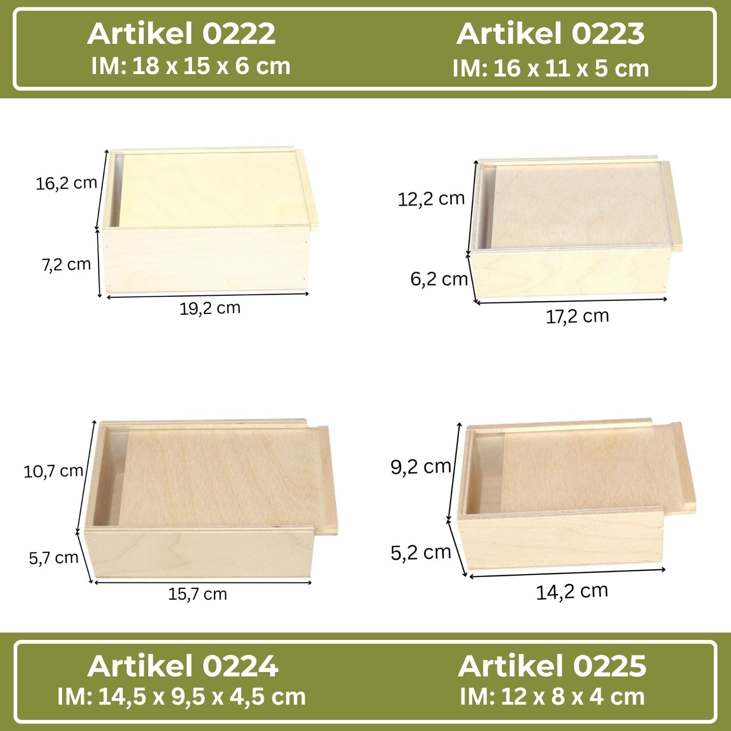 Vier Holzkisten mit Schiebedeckel, jede mit beschrifteten Abmessungen.