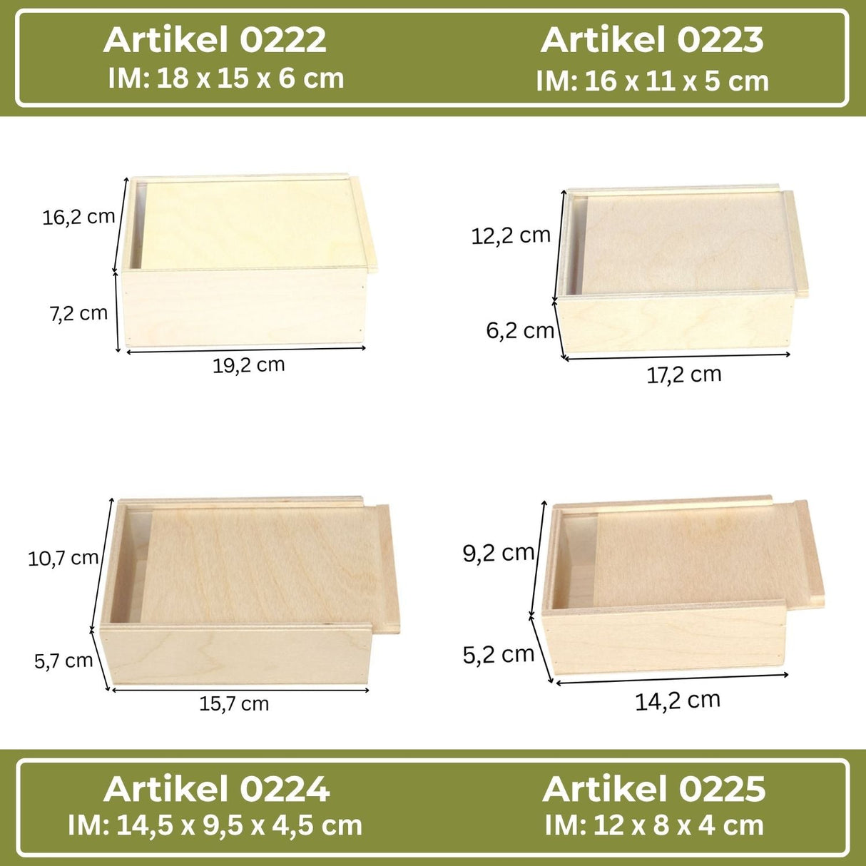 Vier Holzkisten mit Schiebedeckel, jede mit beschrifteten Abmessungen.