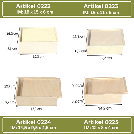 Vier Holzkisten mit Schiebedeckel, jede mit beschrifteten Abmessungen.