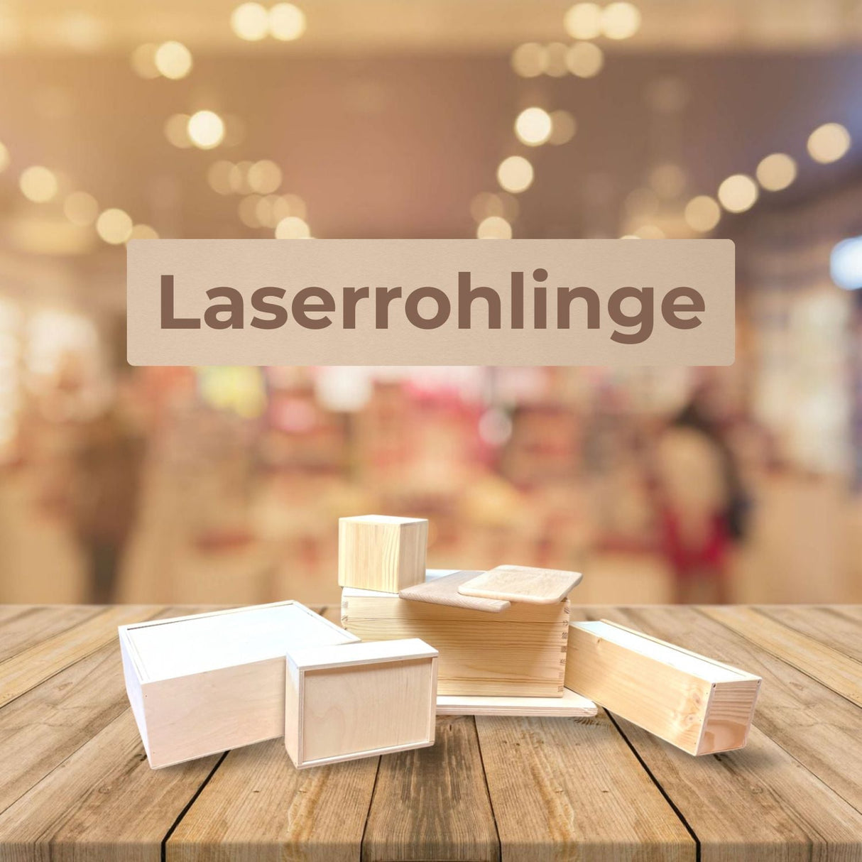 Holz-Laser-Cut-Boxen mit weißen Kanten und natürlichem Holzfinish.