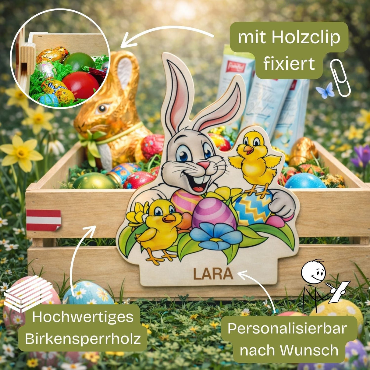 Eine personalisierte Holdeko-Eierbecher mit fröhlichem Cartoon-Design, das pastellfarbene Eier und Küken auf dem Vorderpanel zeigt.