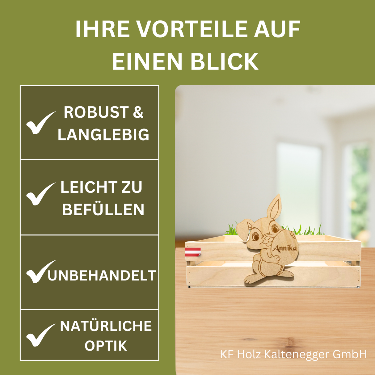 Eine hellfarbene Holzhase-Figur mit eingraviertem Namen »Annika« sitzt in einer passenden Kiste aus natürlichem Holz.