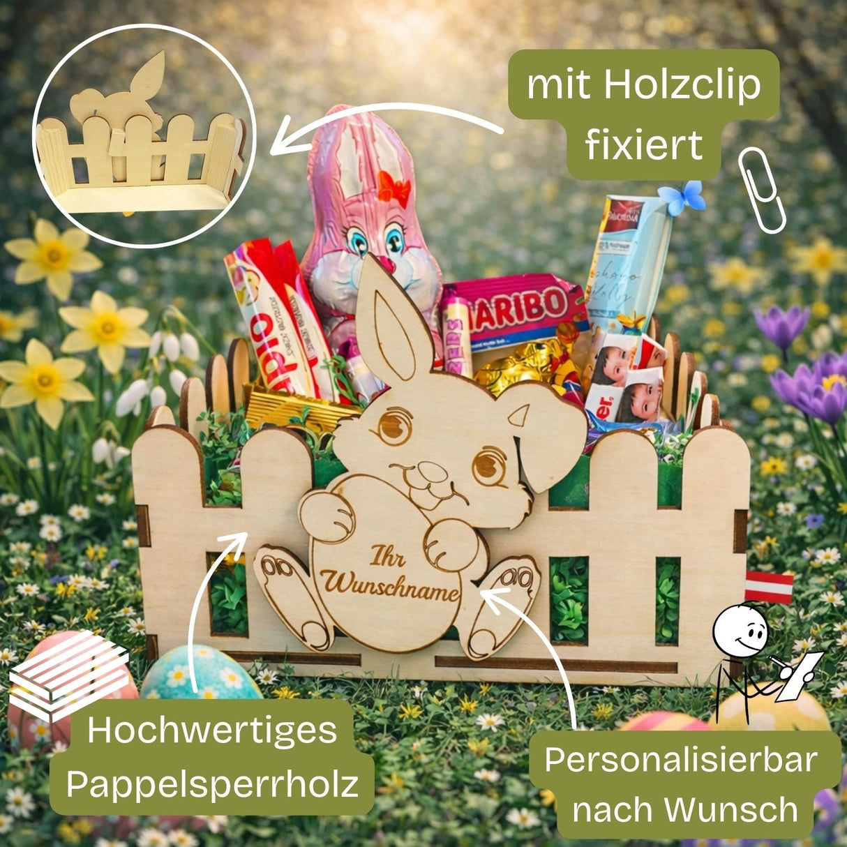 Ein hellfärbiger, holzener Osterhasen-förmiger Geschenkkorb mit geschnitztem Design und personalisierter Gravur.
