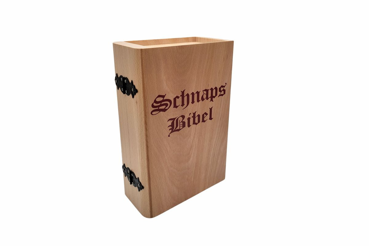SCHNAPSBIBEL aus Holz - roter Druck - Geschenke