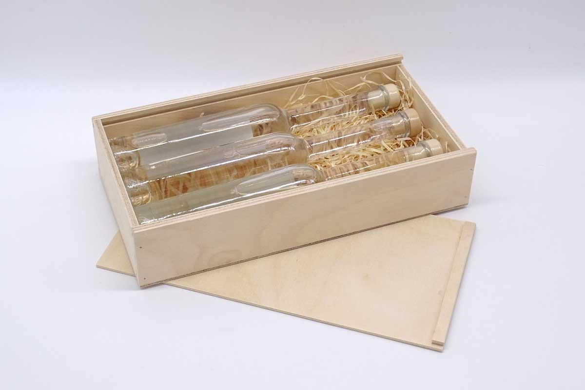 Schnapskiste mit Schiebedeckel - 3 Flaschen à 100ml 26 x 13 x 4.5 cm