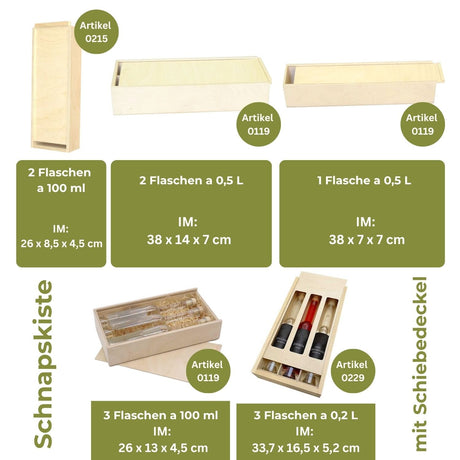 Verschiedene helle Holzkisten zum Verpacken von Flaschen, einige mit Schiebedeckel.