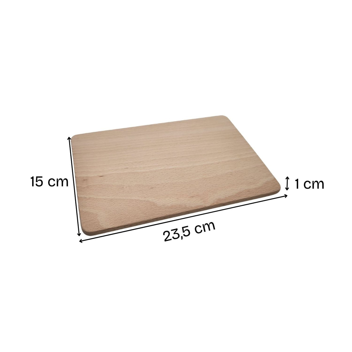 Rechteckiges Holzschneidebrett mit abgerundeten Ecken.
