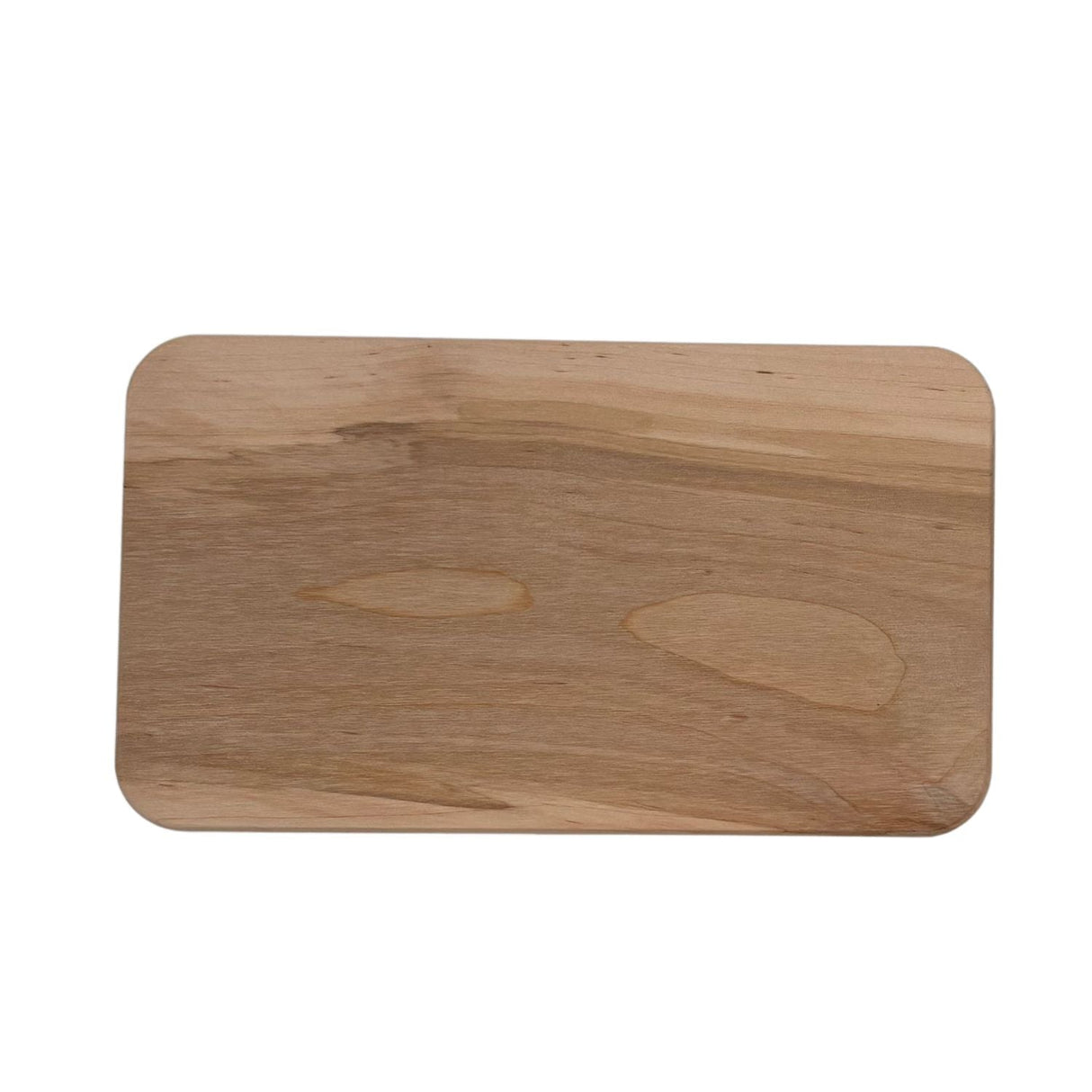 Rechteckiges, hellbraunes Holzschneidebrett mit abgerundeten Ecken.