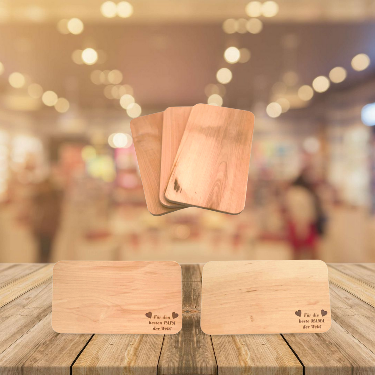 Holzuntersetzer mit natürlicher Oberfläche und graviertem Text.