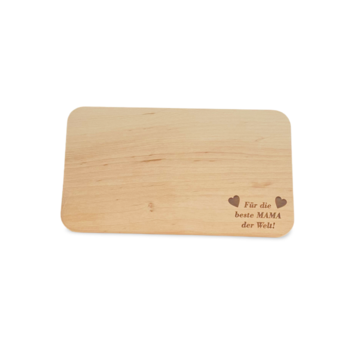 Holzschneidebrett mit graviertem Text und Herzen, natürliche Holzfarbe, rechteckige Form.