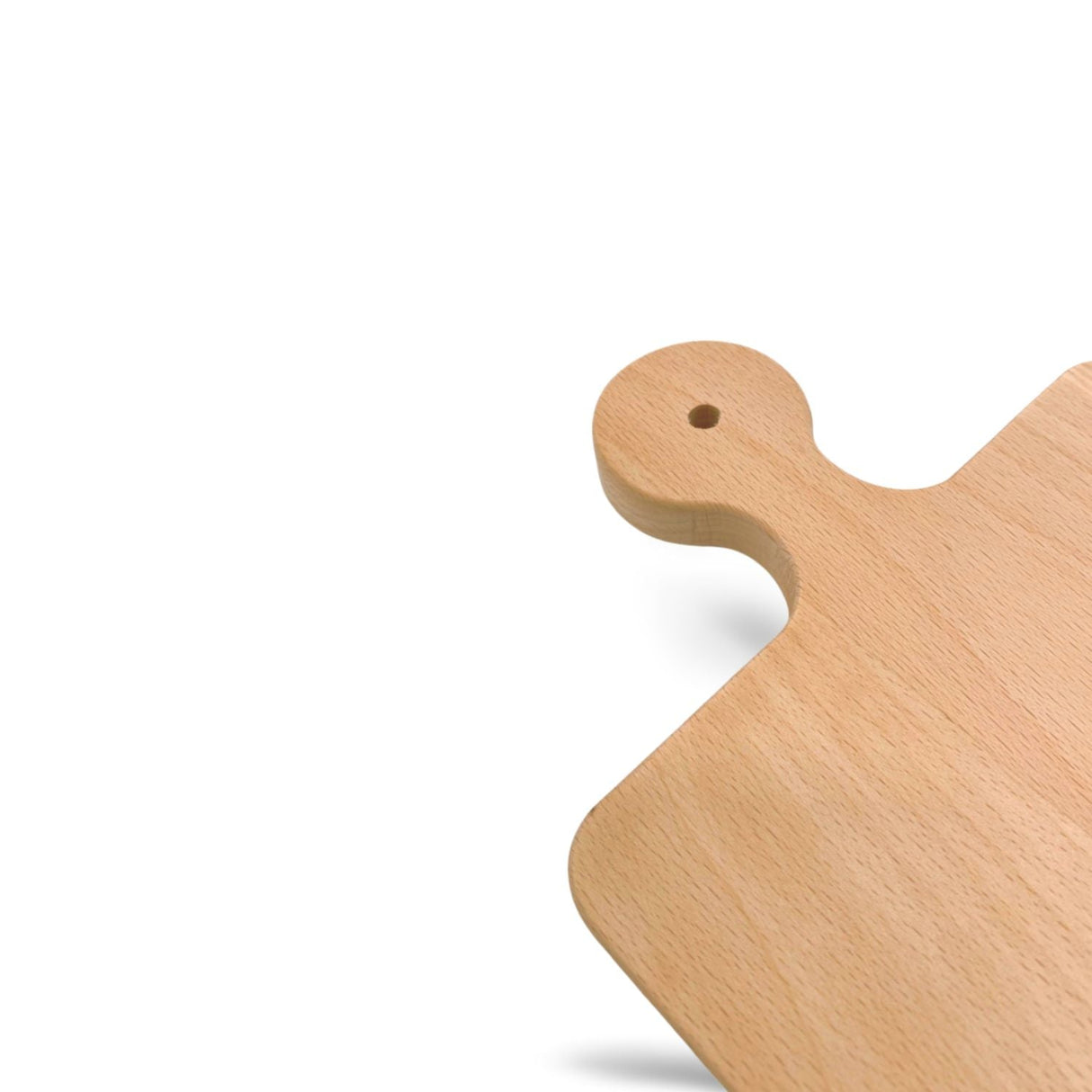 Holzschneidebrett mit Griff und Aufhänge-Loch, hellbraune Farbe.