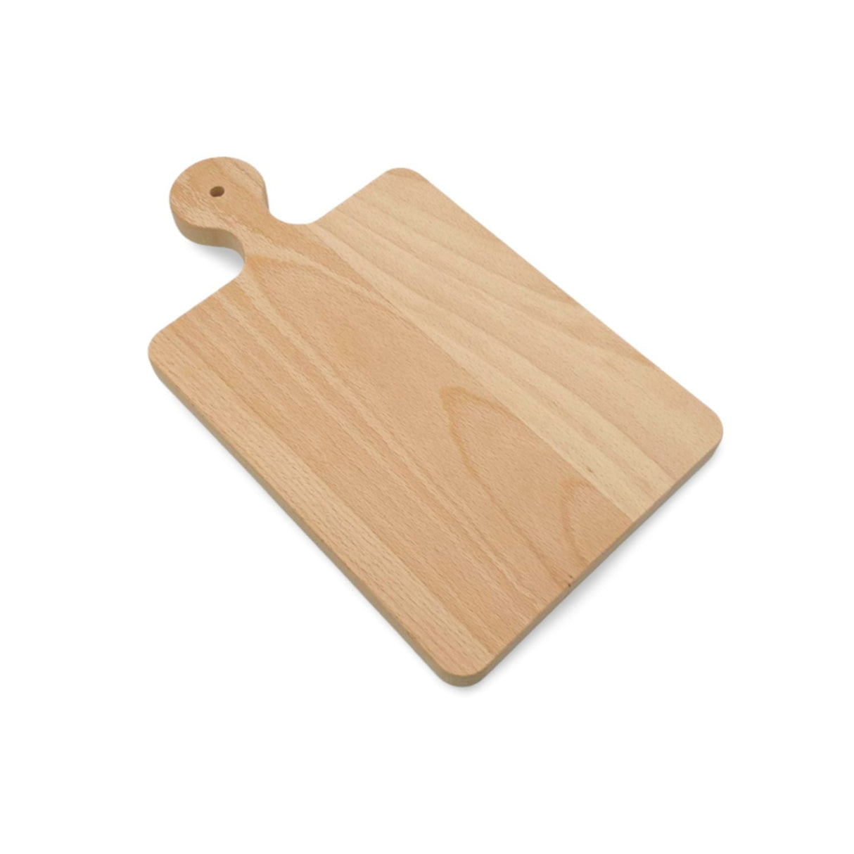 Holzschneidebrett mit Griff, hellbraune Farbe und natürlicher Holzmaserungstextur.