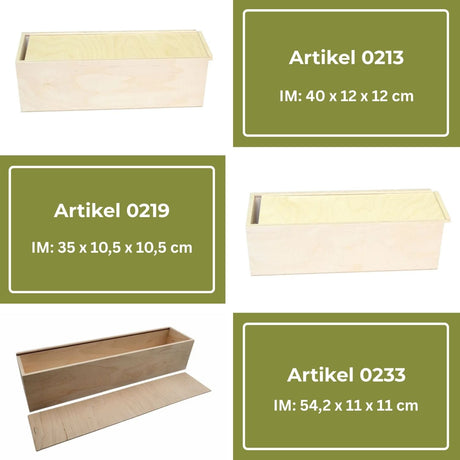 Leichte rechteckige Holzkisten in verschiedenen Größen mit Schiebedeckel.