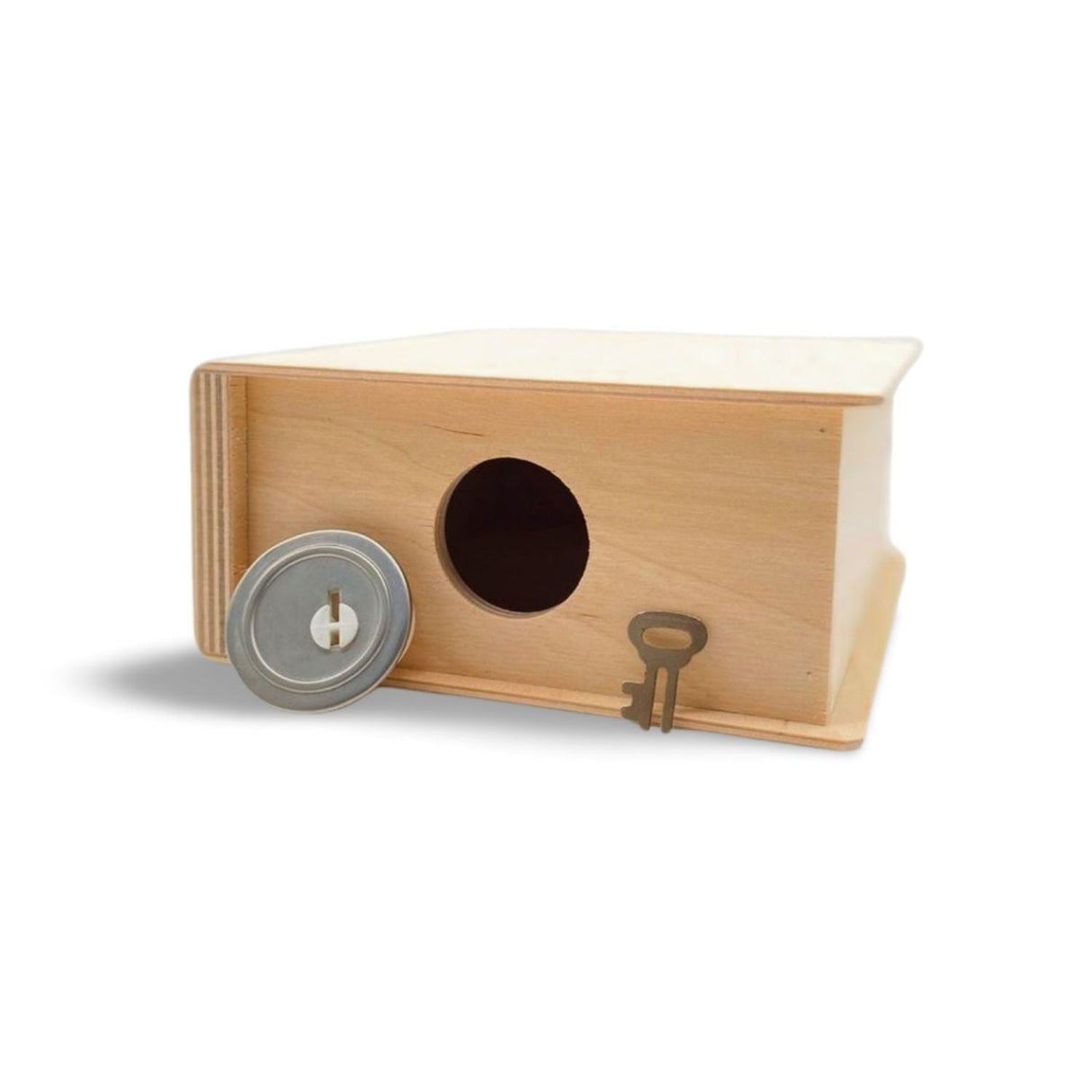 Leichtes Holzkästchen mit kreisrunder Öffnung, einem Deckel mit Metallmünzen und einem Schlüssel.